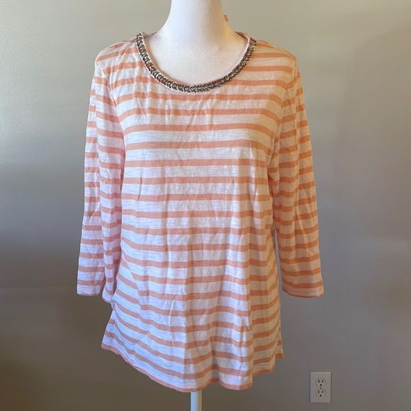 [Chico’s] Peach/White Striped Beaded Shirt - Size 2/Medium - Picture 1 of 6